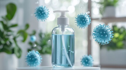 Aufkleber - Droplets of sanitizer actively eliminating bacteria in a modern indoor space filled with greenery. Generative AI
