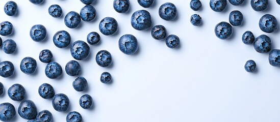 Leinwandbilder - Fresh blueberries spread across a white background. with copy space image. Place for adding text or design