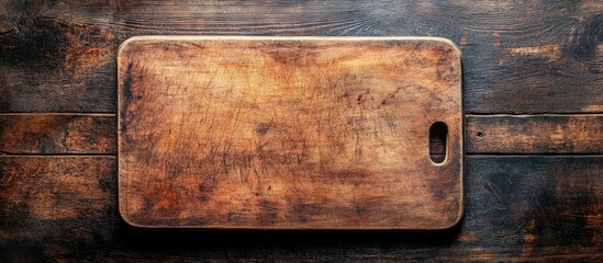 Poster - Cutting board on a rustic wooden kitchen table serves as empty copy space for food cooking and nutrition themes viewed from above