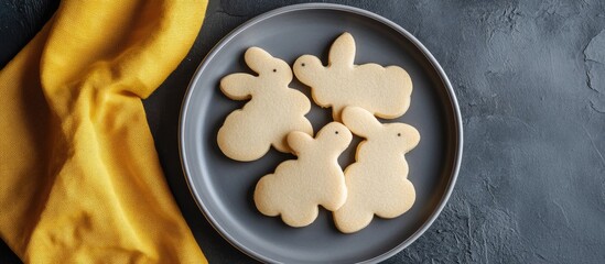 Aufkleber - Easter cookies shaped like a rabbit on a gray plate with yellow fabric on a gray backdrop copyspace vertical photo