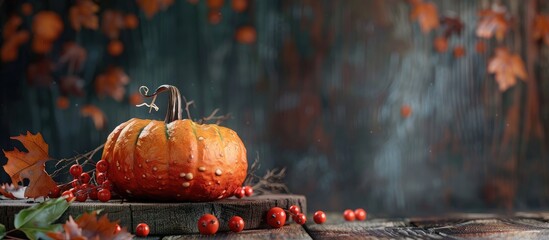 Poster - Autumn table arrangement featuring a vibrant pumpkin on a rustic backdrop with copy space