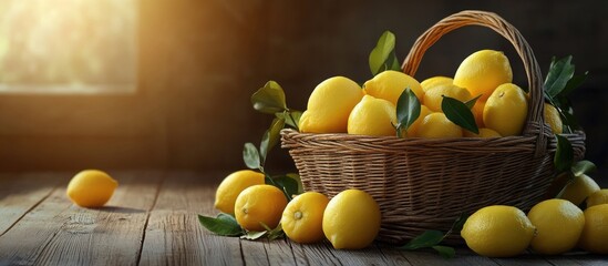 Fototapete - Fresh juicy lemons scattered from a basket on a wooden surface. with copy space image. Place for adding text or design