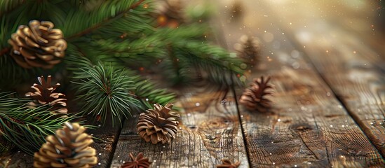 Leinwandbilder - Christmas elements from a tree branch on an aged wooden table Merry Christmas. with copy space image. Place for adding text or design
