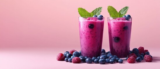 Canvas Print - Glasses of fresh blueberry smoothie garnished with mint and berries on a pink background. with copy space image. Place for adding text or design