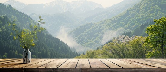 Poster - Desk with ample free space and a stunning natural backdrop Ideal for displaying or showcasing products and suitable for online advertising banners and nature related business presentations
