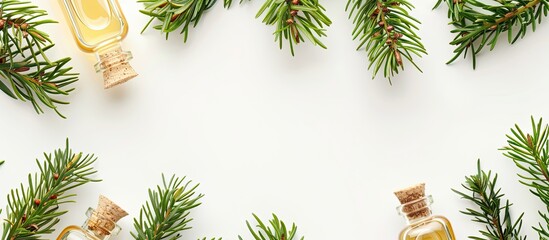 Poster - Healing juniper oil concept Aromatherapy Juniper frame Bottles and sprigs on a white background top view copyspace