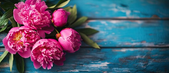 Canvas Print - Summer floral theme featuring vibrant pink peony flowers on a rustic backdrop with copyspace