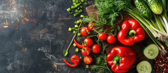 Aufkleber - Red pepper green onions dill cucumbers red and orange tomatoes Salad vegetables arranged on a cutting board top view. with copy space image. Place for adding text or design