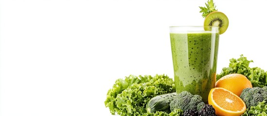 Leinwandbilder - Green smoothie with fruits and vegetables set against a white background. with copy space image. Place for adding text or design