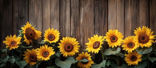 Fototapete - Sunflowers against a weathered wooden backdrop Area for text. with copy space image. Place for adding text or design
