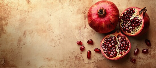 Fototapete - Textured vintage paper background featuring a halved pomegranate. with copy space image. Place for adding text or design