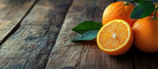 Fototapete - Fresh organic oranges on a wooden table Close up. with copy space image. Place for adding text or design
