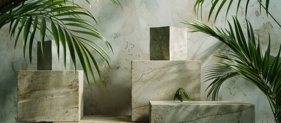 Poster - Abstract modern still life Natural elements Arrangement of palm leaves travertine and concrete blocks. with copy space image. Place for adding text or design