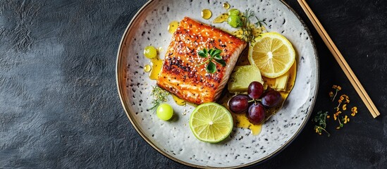 Aufkleber - Lightly salted dorado topped with sunflower in truffle oil Accompanied by slices of lemon lime grapes and pickled ginger Chopsticks are placed to the side of the plate. with copy space image