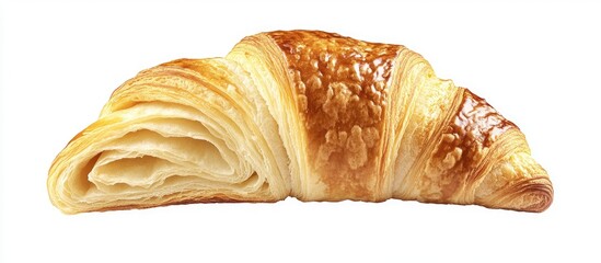 Poster - A plain croissant halved to show its cross section is a classic French croissant It is isolated against a white background. with copy space image. Place for adding text or design
