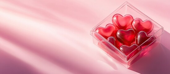 Aufkleber - Transparent candy shaped box containing sweet heart lollipops casting a hard shadow on a pink background with copy space The theme of Valentine s Day and Mother s Day Banner