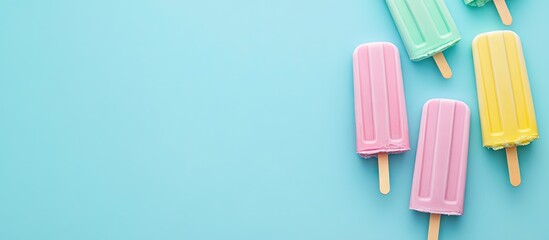 Aufkleber - Top view of pastel popsicles with copy space minimal summer concept on a light blue background