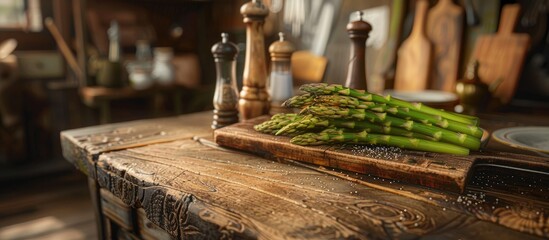 Leinwandbilder - Two fresh bunches of asparagus sit atop an antique wooden chopping board with space between them for your message alongside salt and pepper shakers and an old vintage cleaver on a wooden table