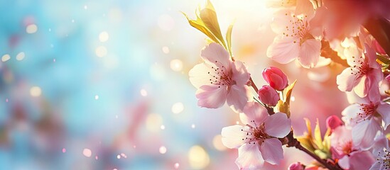 Aufkleber - Double cherry blossoms are in full bloom A branch with flowers stands against a blue sky with sunlight streaming through the blossoms. with copy space image. Place for adding text or design