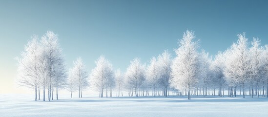Poster - Trees covered in hoarfrost on a snowy glade during winter. with copy space image. Place for adding text or design