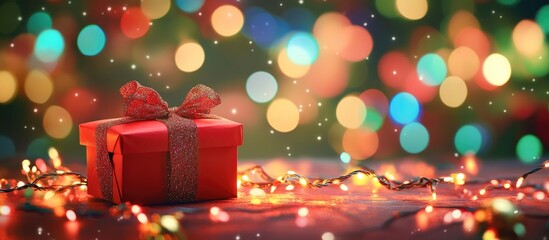 Fototapete - Christmas gift box set against a backdrop of multicolored blurred lights Decorations for Christmas and New Year Colorful bokeh Copy space for greeting text