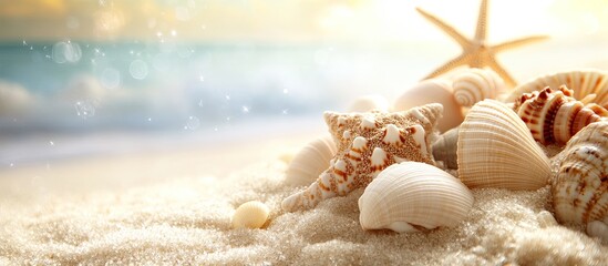 Wall Mural - Close up of sea shells and a star on a sandy background with copy space A natural summer backdrop featuring fine white sand Selective focus