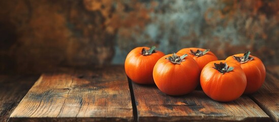 Fototapete - Ripe orange persimmons on a brown wooden table Background of persimmons with copyspace for text