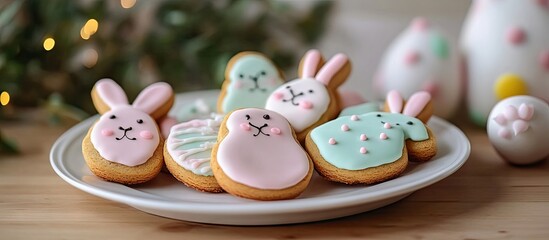 Aufkleber - Easter cookies on a white plate set against a kitchen backdrop Easter bunnies A unique Easter theme featuring gingerbread cookies. with copy space image. Place for adding text or design