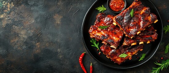 Fototapete - Close up of spicy grilled spare ribs on a plate resting on a dark stone background with copy space Top view flat lay