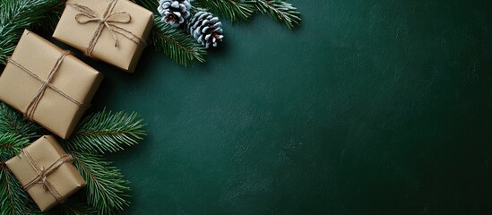 Leinwandbilder - Xmas fir tree branch Christmas gift boxes and a space for greeting text Flat lay. with copy space image. Place for adding text or design