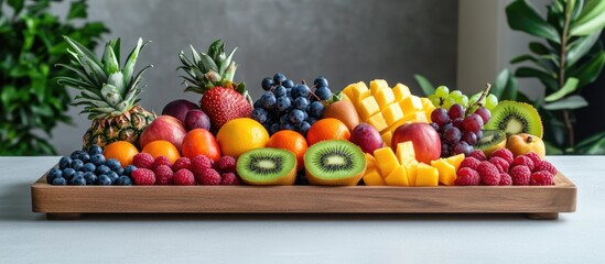 Poster - A wooden tray holds an assortment of healthy fruits including strawberries raspberries oranges plums apples kiwis grapes blueberries mango persimmon and pineapple on a white table with copy space f