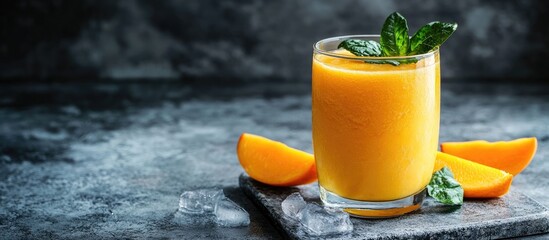 Aufkleber - Mango orange juice smoothie on a grey concrete table A refreshing healthy beverage. with copy space image. Place for adding text or design
