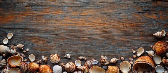 Aufkleber - Seashells surround wood Oceanic backdrop. with copy space image. Place for adding text or design