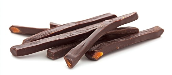 Poster - Chocolate covered dried mango pieces Dried mango fruit sticks are coated in milk chocolate against a white background. with copy space image. Place for adding text or design