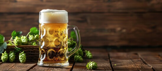 Aufkleber - Classic glass mug filled with fresh cold foamy lager beer with green hop cones in the background over a wooden texture Copy space
