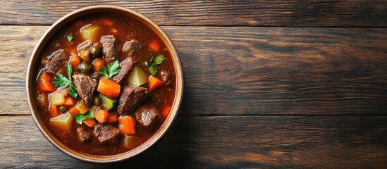 Fototapete - Bowl of beef and vegetable soup on a wooden surface. with copy space image. Place for adding text or design