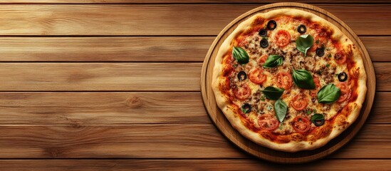 Poster - Brazilian vegan pizza on a wooden surface. with copy space image. Place for adding text or design
