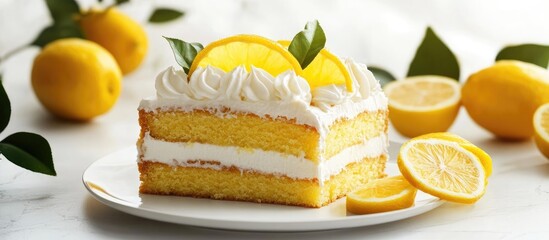Aufkleber - Elegant Lemon Cake topped with Cream and Caramelized Lemon Slices against a White Background A stylish dessert for holiday celebrations. with copy space image. Place for adding text or design