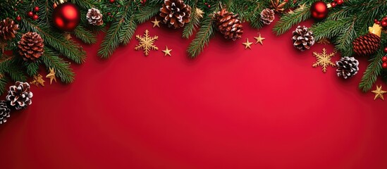 Leinwandbilder - On a red background at the top of the frame there are fir branches featuring cones Christmas ornaments snowflakes and stars This is a Christmas backdrop providing space for text viewed from above