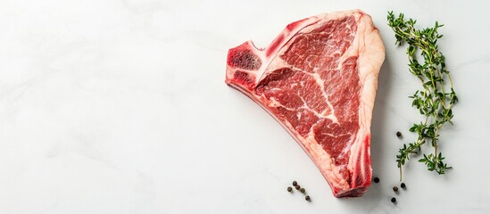 Poster - Raw T bone or porterhouse steak on a kitchen table White background Top view Copyspace