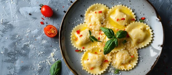 Fototapete - Tasty cheese ravioli with risotto prepared and ready to enjoy. with copy space image. Place for adding text or design