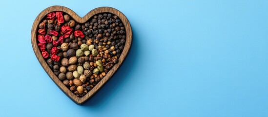 Fototapete - Oriental spices arranged in a heart shaped bowl against a blue background Captured from a top view Copy space