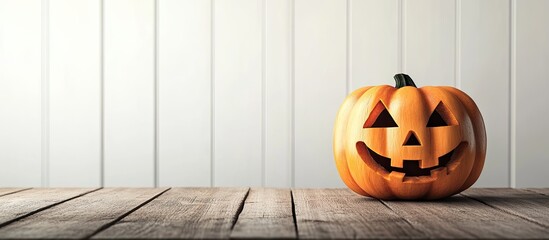 Poster - Halloween pumpkin on a wooden table against a backdrop of white boards Halloween themed background Room for text. with copy space image. Place for adding text or design