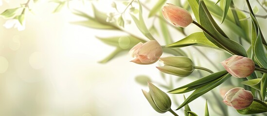 Poster - A soft blurred light background suitable for greeting cards wedding invitations design and decor A floral arrangement featuring lovely delicate pink tulip buds and green leaves on a white backdrop
