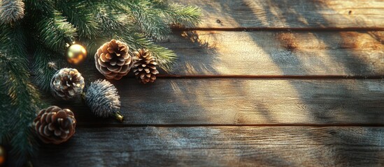 Leinwandbilder - Christmas Greeting Card Fir Branch and Decorations on Plank Christmas Fir Tree on Wooden Surface Copy Space
