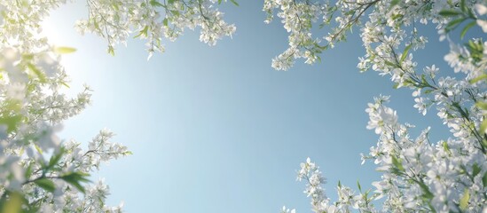 Aufkleber - Flowering tree branches and a clear sky The idea of beginning a new season The notion of being mindful of the environment. with copy space image. Place for adding text or design