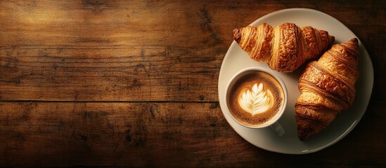 Aufkleber - Crispy croissants and a cup of coffee seen from above on a wooden table or surface with copy space