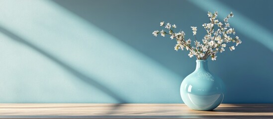 Aufkleber - Soft and elegant home decor featuring delicate airy flowers in a glossy pastel blue vase on a wooden table against a blue wall vertical orientation. with copy space image