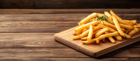 Poster - Delicious french fries on a cutting board set against a wooden table background. with copy space image. Place for adding text or design