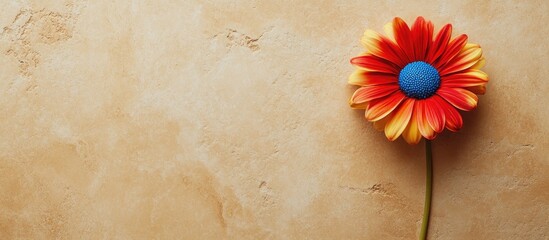 Fototapete - Flat Lay A single red blue and yellow daisy on a tan tile with copyspace